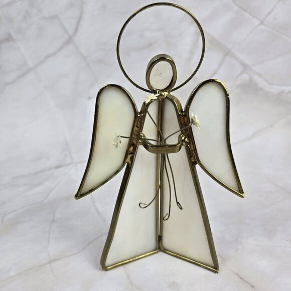 Vintage Stained Glass Angel White With Gold Holding Three Flowers Slag Glass - Picture 1 of 10